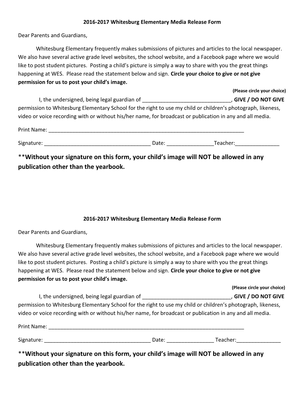 2016-2017 Whitesburg Elementary Media Release Form