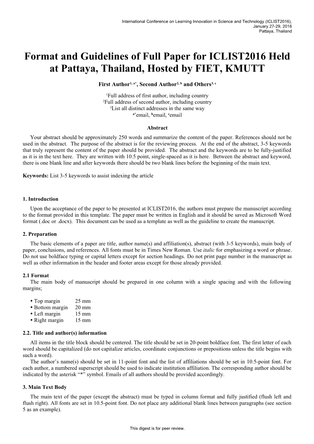 Example Format of Paper: ICLIST2010 Held at Pattaya, Thailand Organized by Fiet