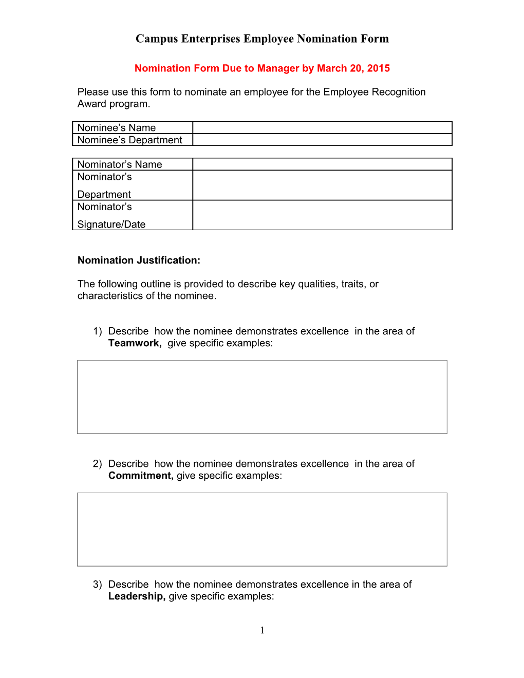 Employee Recognition Award Nomination Form