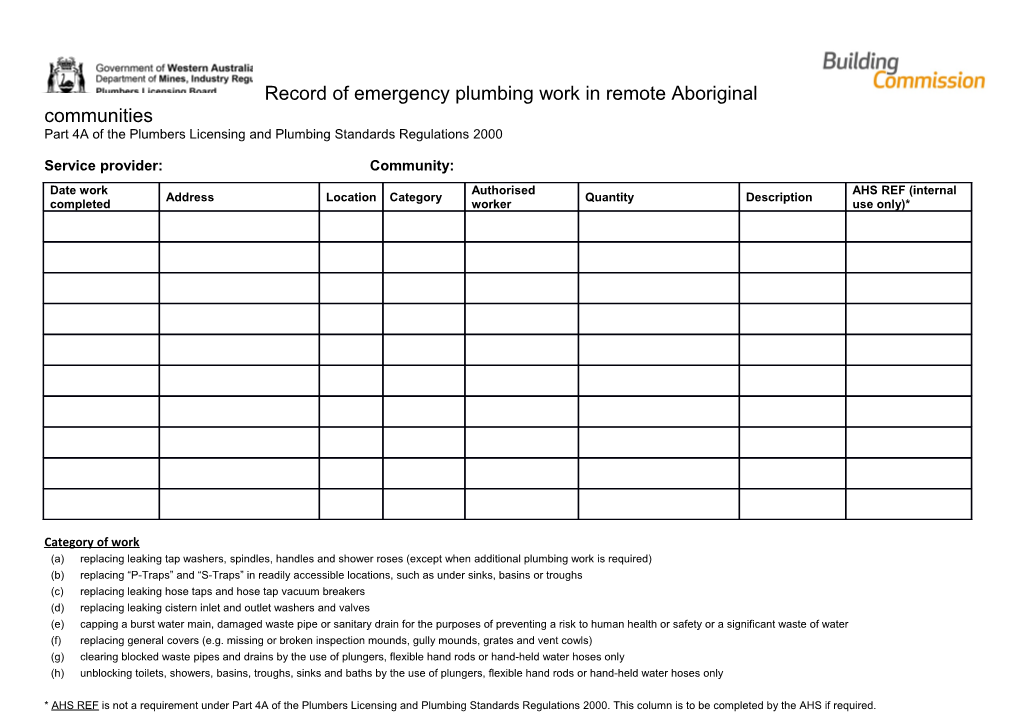 Record of Emergency Plumbing Work in Remote Aboriginal Communities