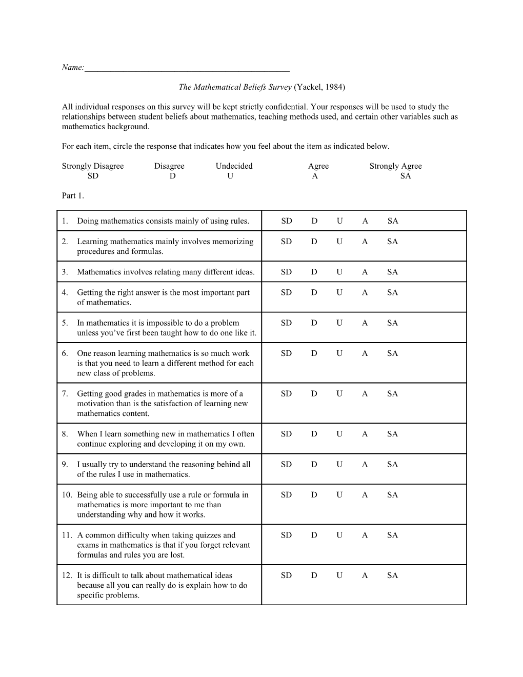 The Mathematical Beliefs Survey (Yackel, 1984)