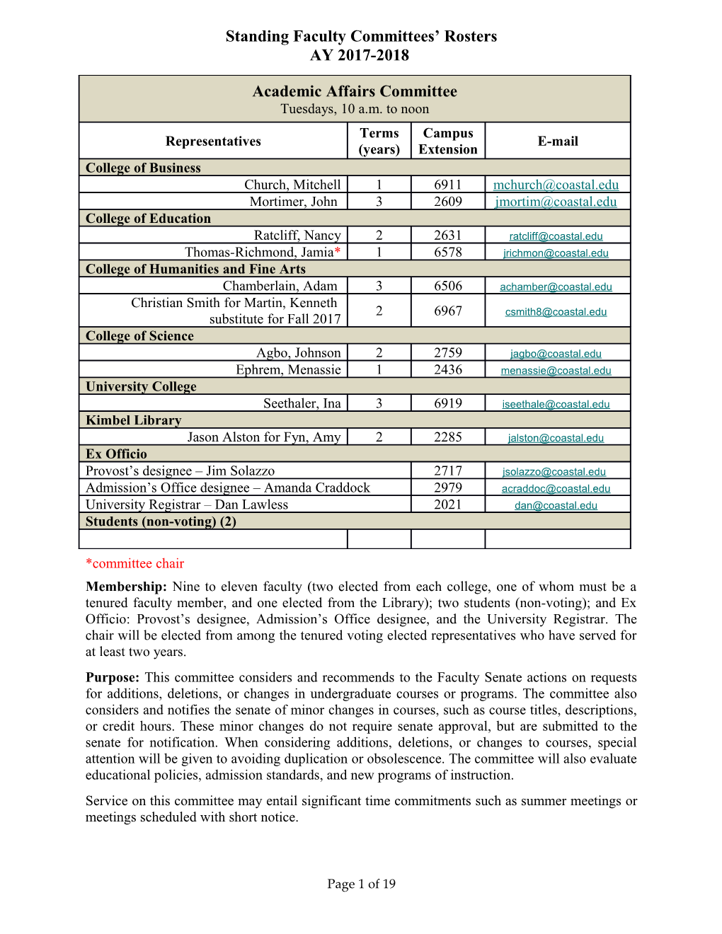 Standing Faculty Committees Rosters