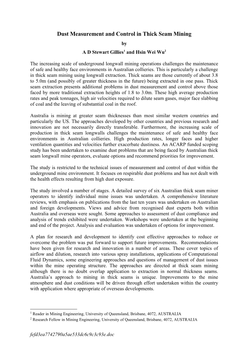 Dust Measurement and Control in Thick Seam Mining