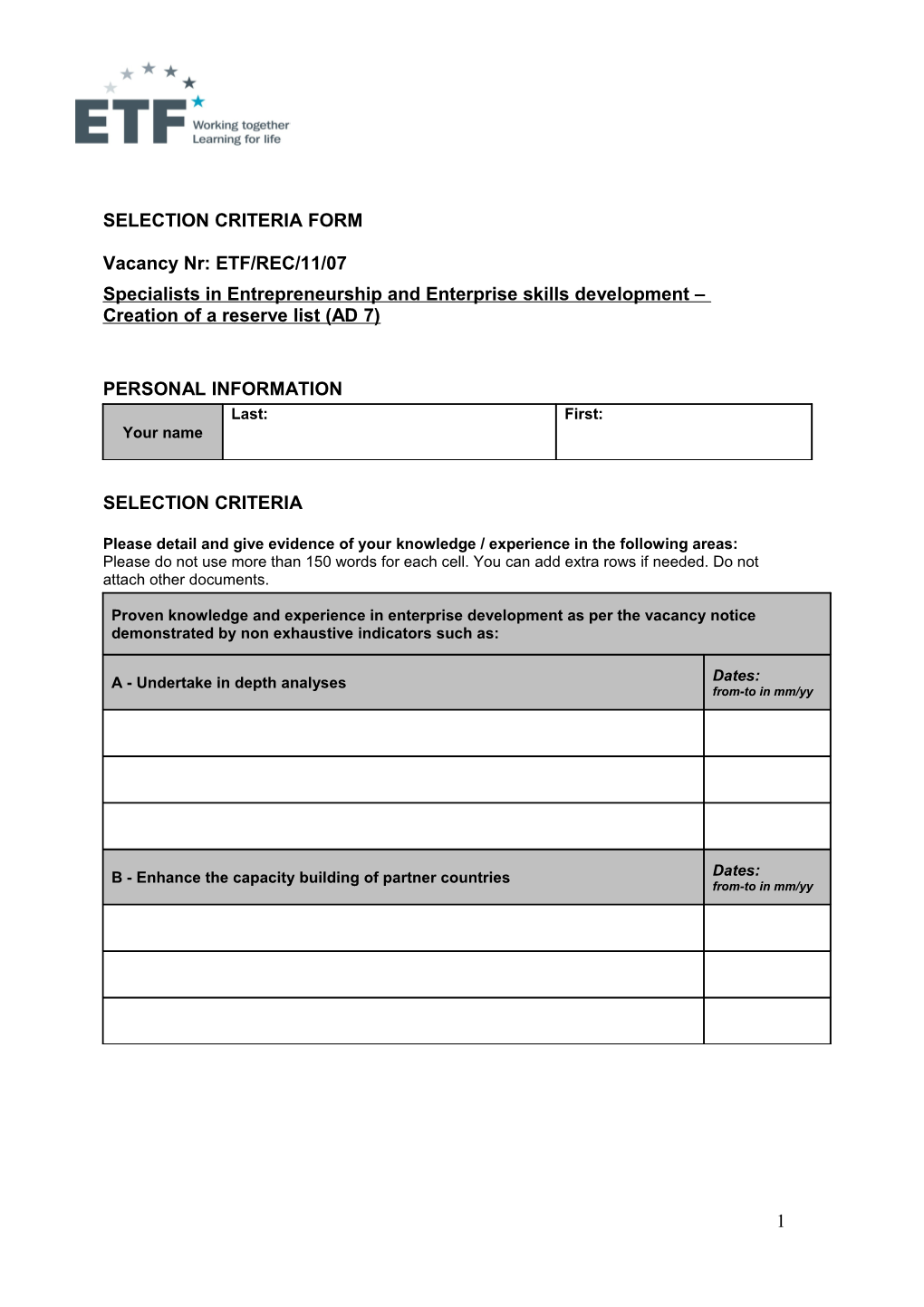 Selection Criteria Form ETF/REC/11/07