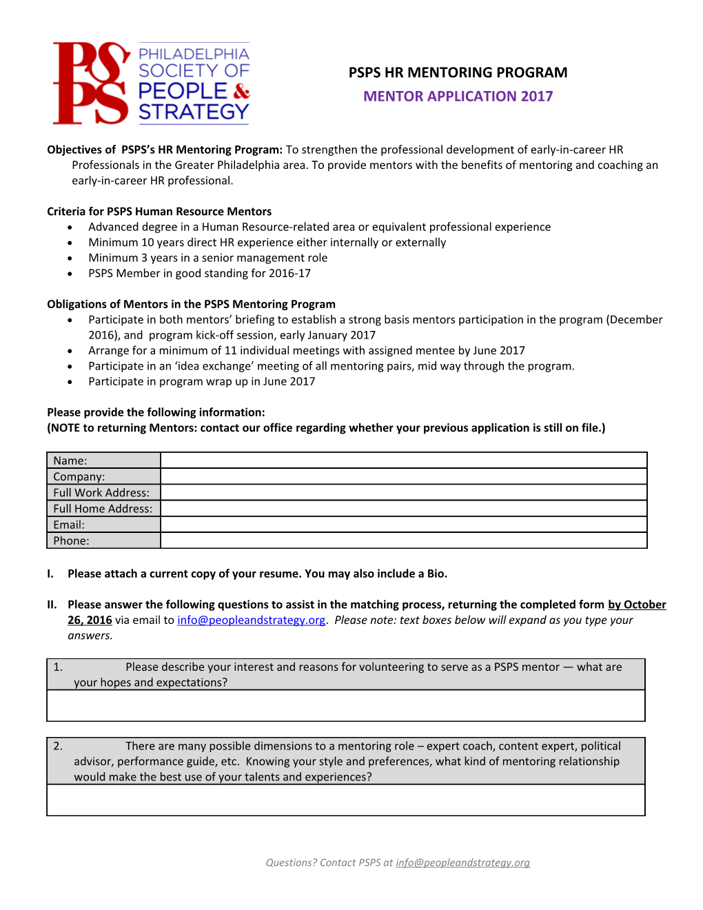 Criteria for PSPS Human Resource Mentors