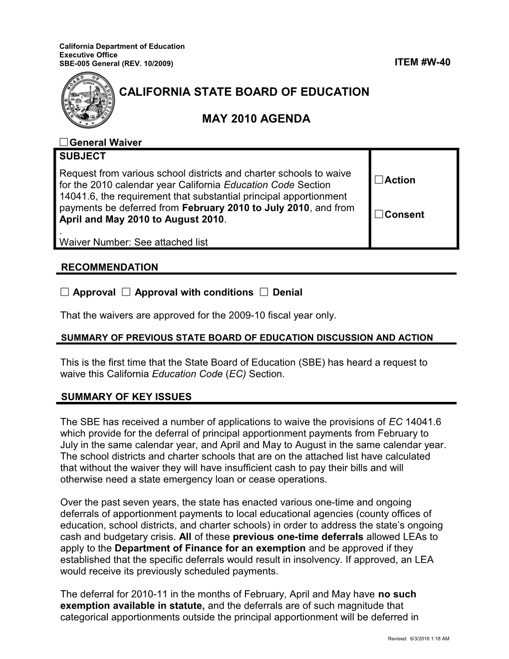 May 2010 Waiver Item W40 - Meeting Agendas (CA State Board of Education)