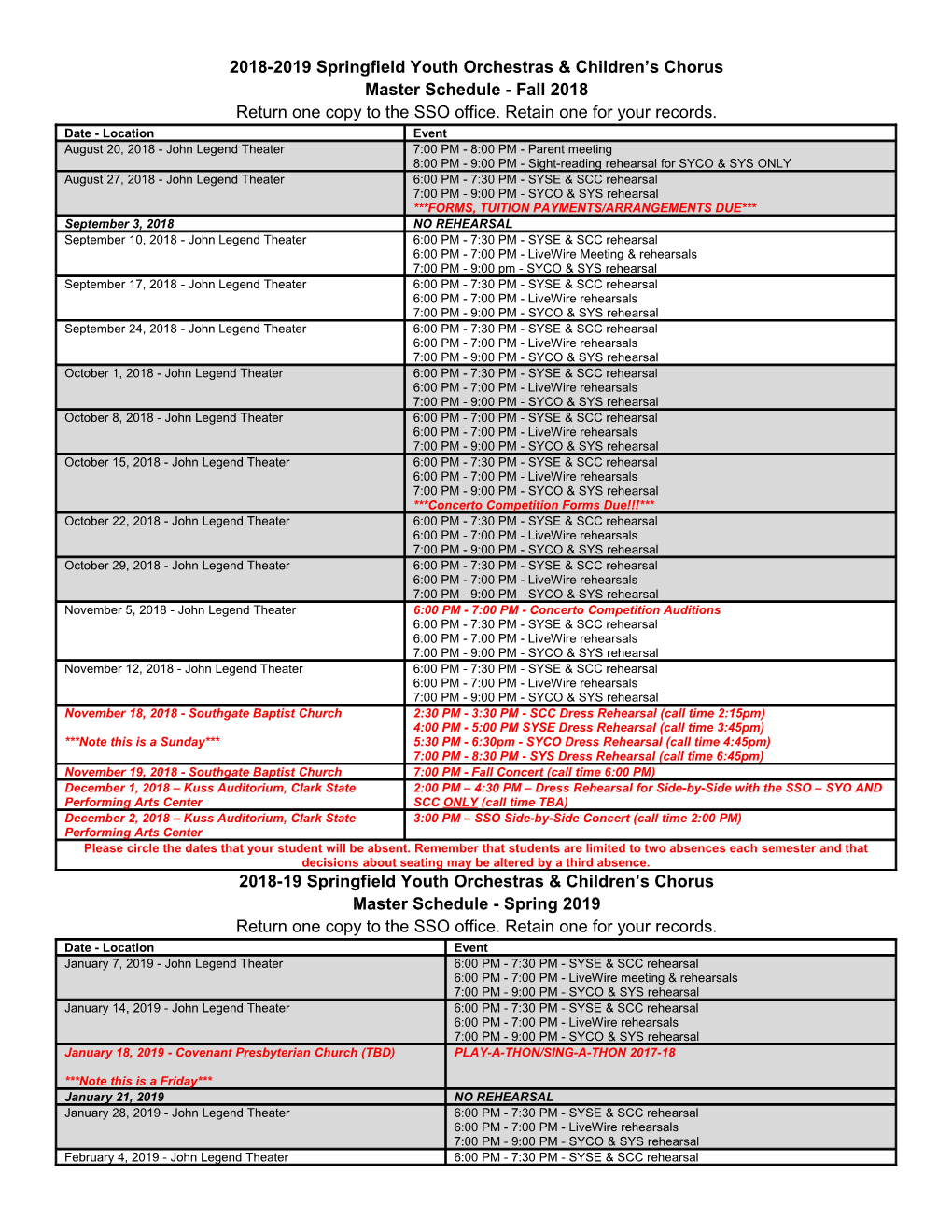 2018-2019 Springfield Youth Orchestras & Children S Chorus Master Schedule - Fall 2018