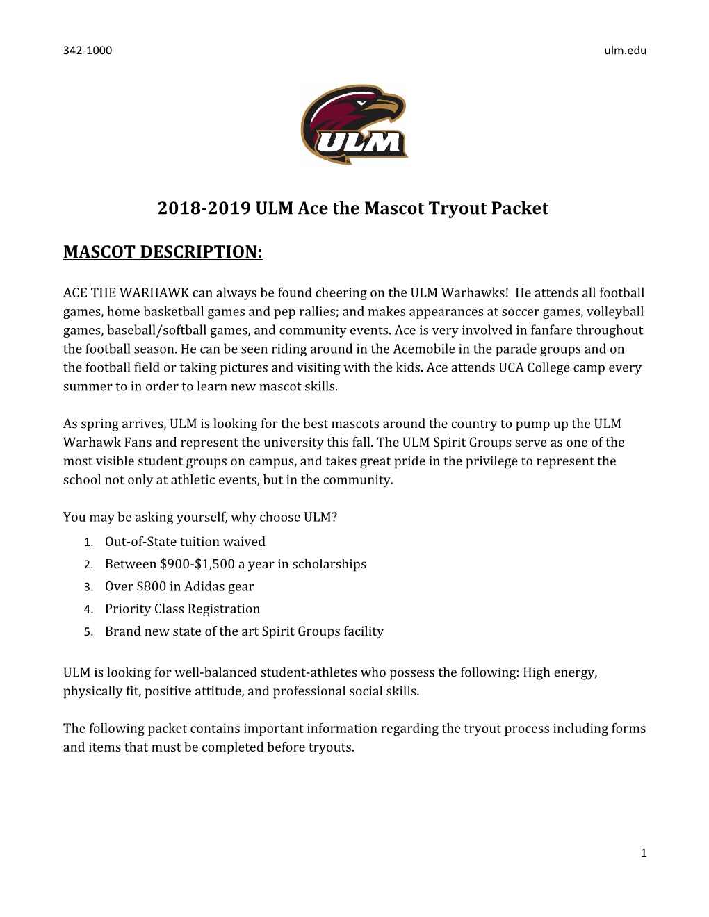 2018-2019 ULM Ace the Mascot Tryout Packet