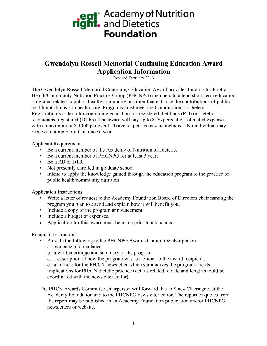 Gwendolyn Rossell Memorial Award Application
