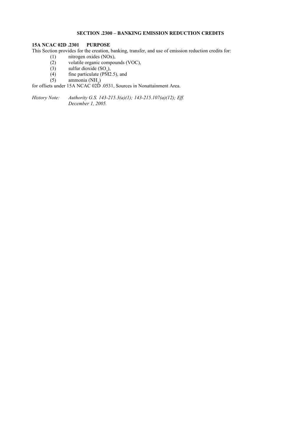 Section .2300 Banking Emission Reduction Credits