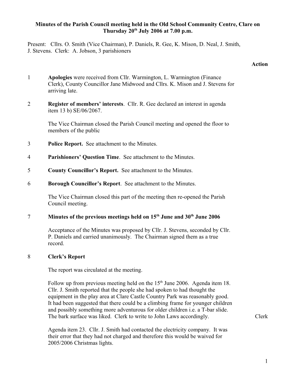 Minutes of the Parish Council Meeting Held in the Old School Community Centre, Clare On s1