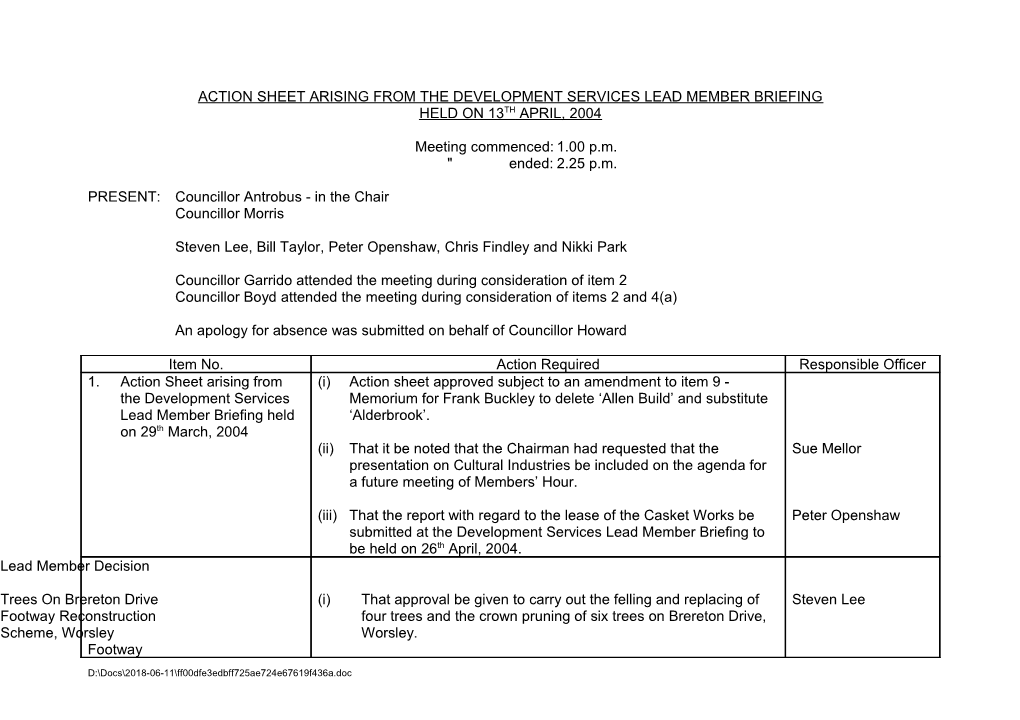 Action Sheet Arising from the Development Services Lead Member Briefing