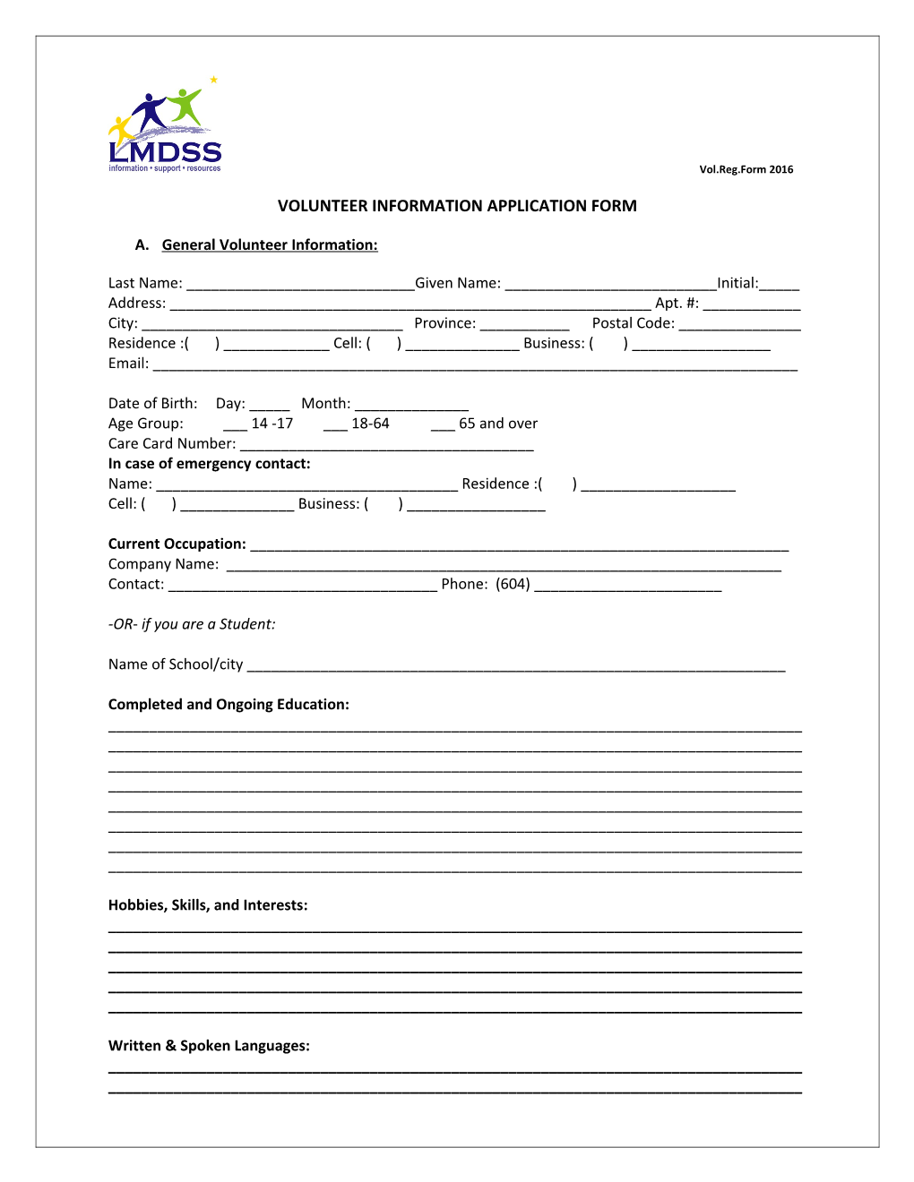 Volunteer Information Application Form