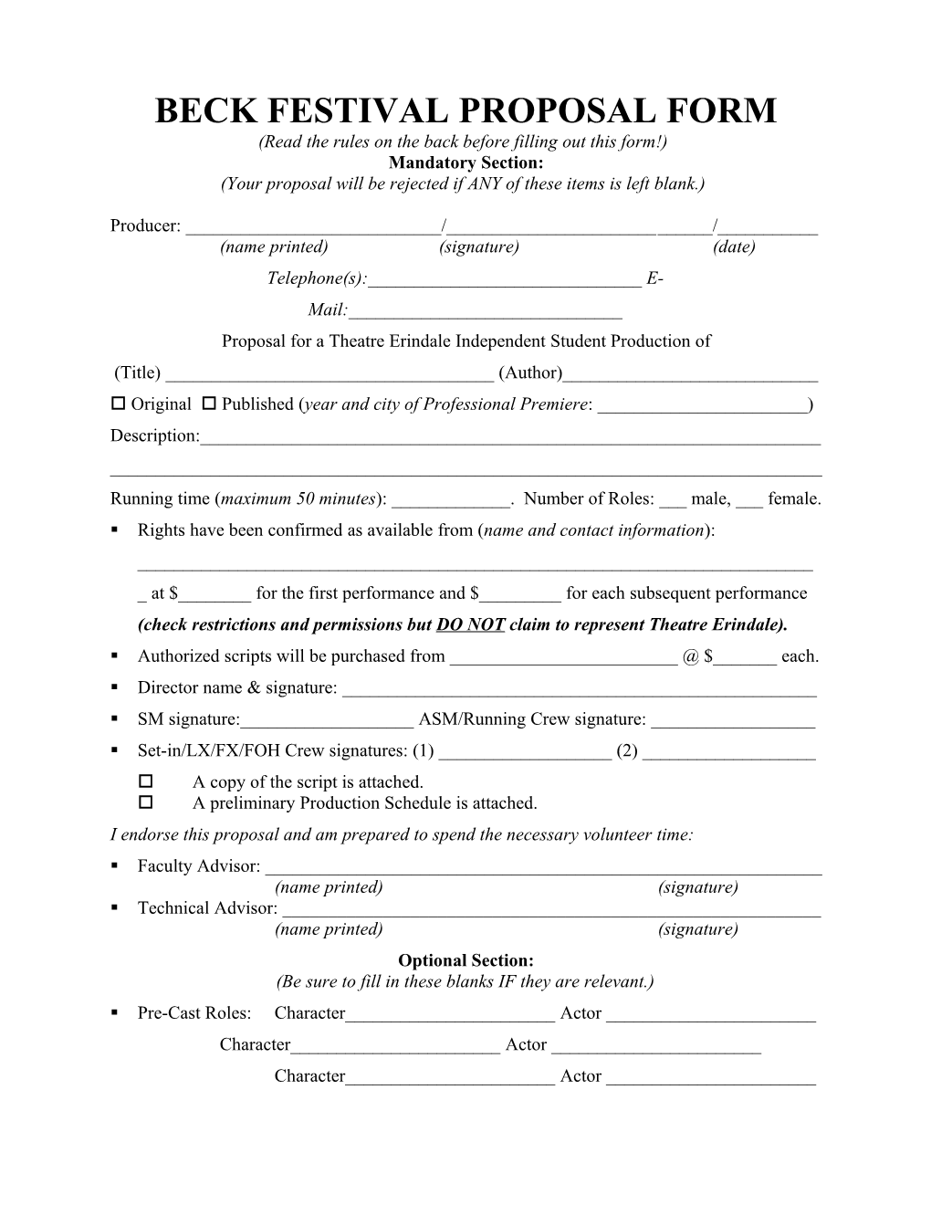 Beck Festival Proposal Form