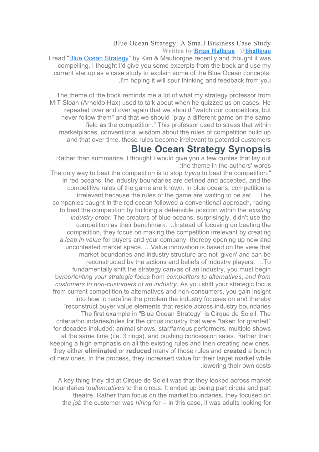 Blue Ocean Strategy: a Small Business Case Study