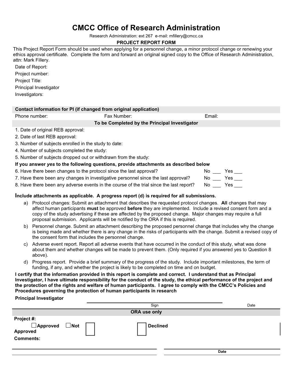 Office of Research Administration Project Report Form