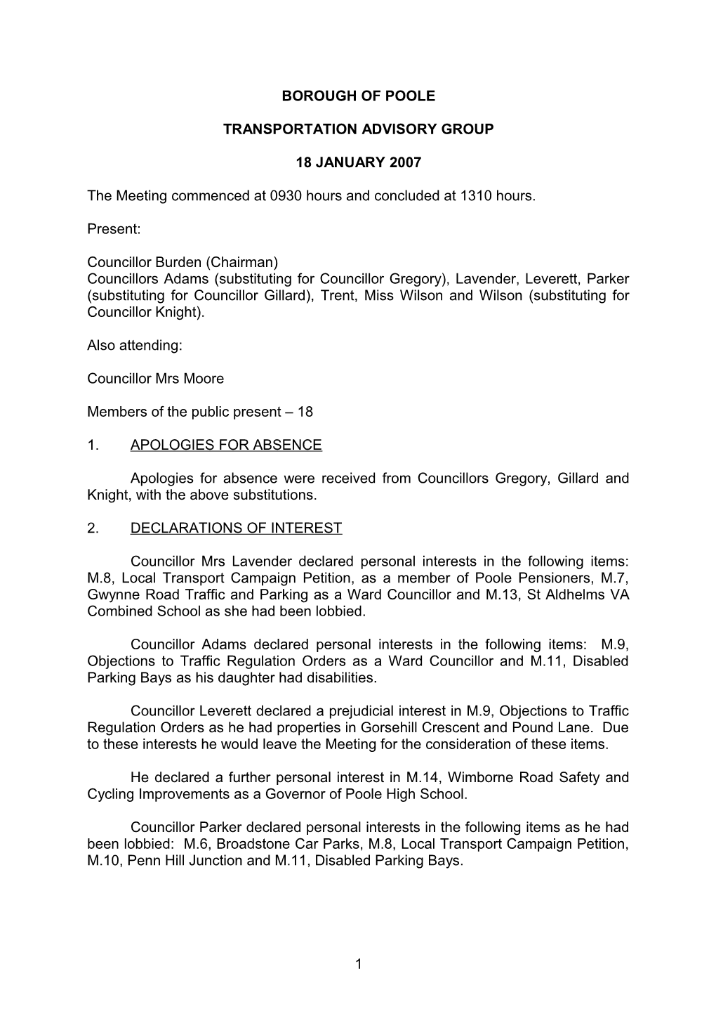 Minutes - Transportation Advisory Group - 18 January 2007