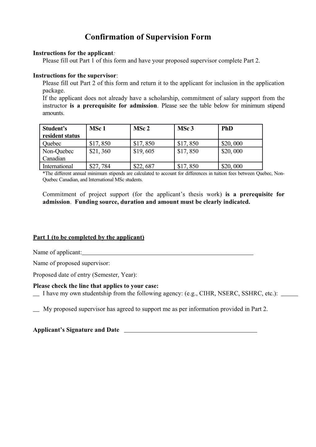 Confirmation of Supervision Form