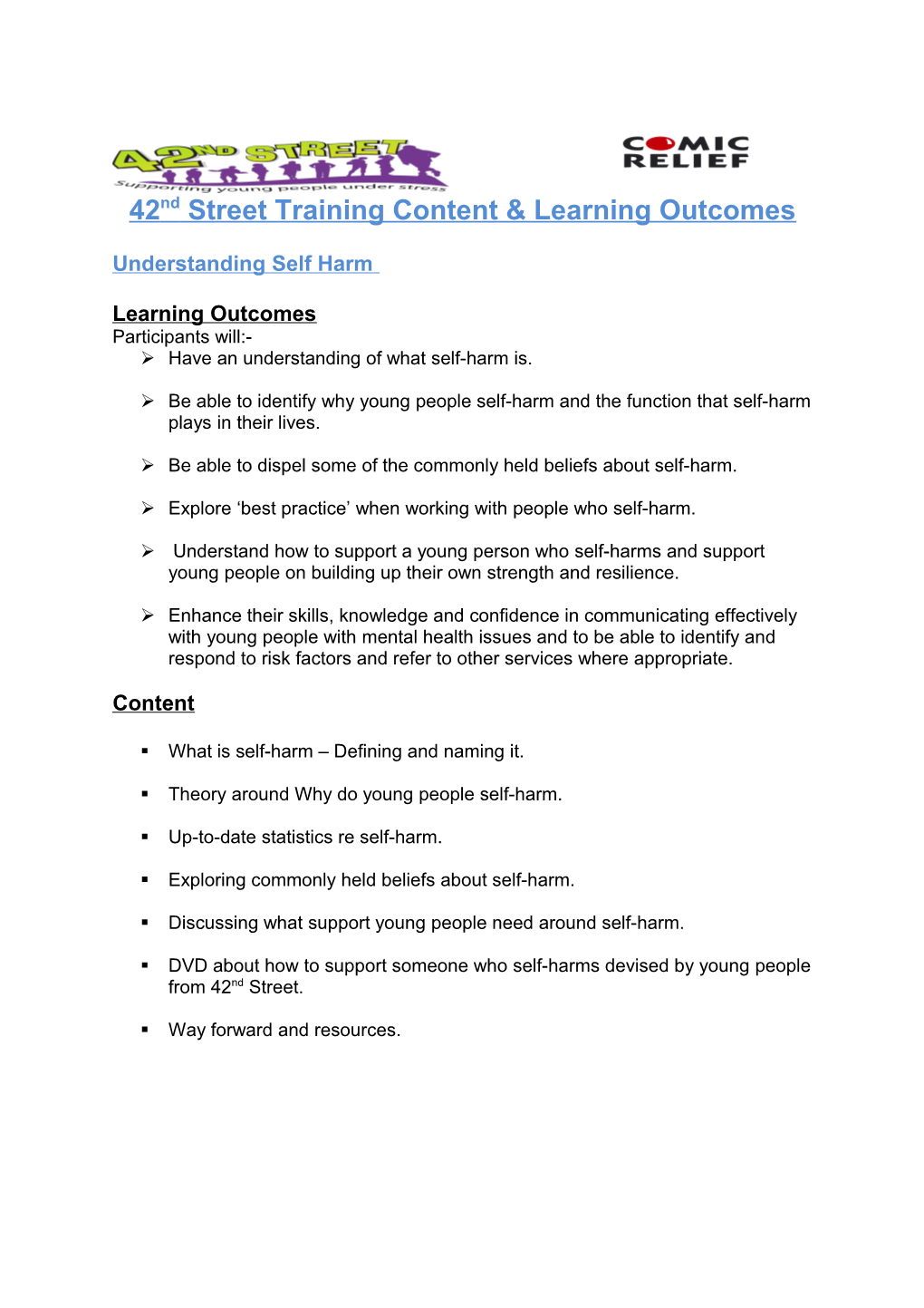 42Nd Street Training Content & Learning Outcomes
