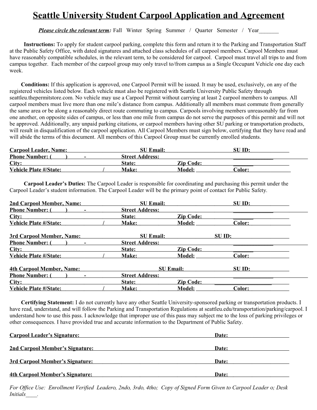 Seattle University Student Carpool Application and Agreement