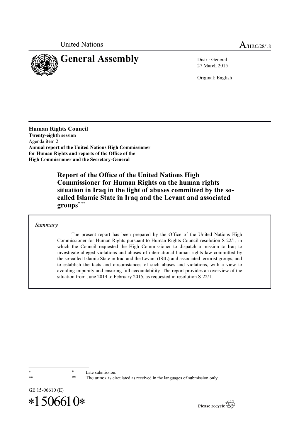 Report of the Office of the United Nations High Commissioner for Human Rights on the Human