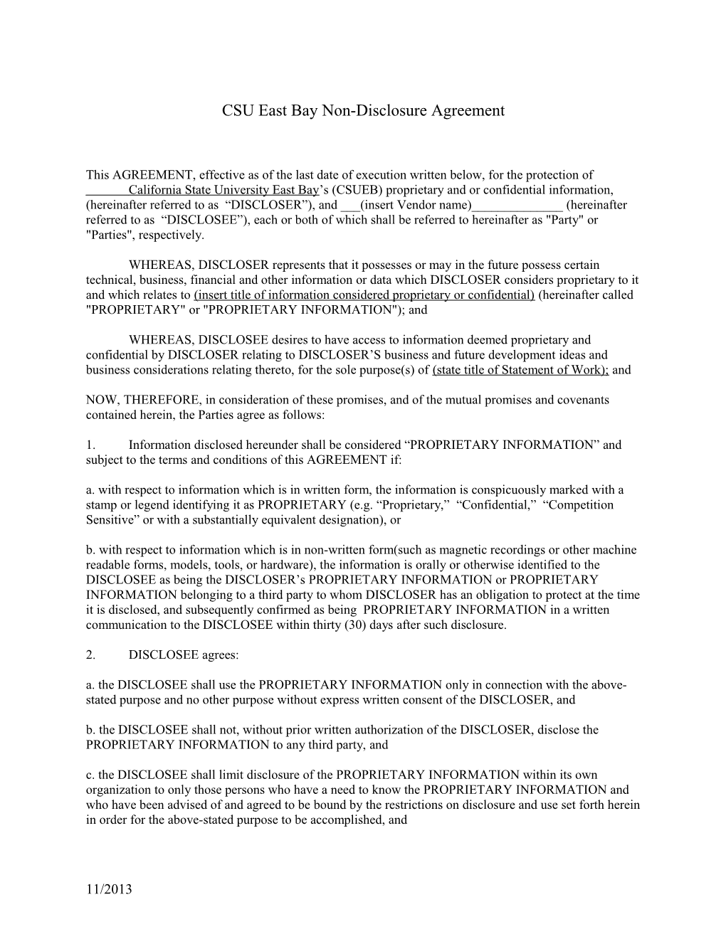 CSU East Bay Non-Disclosure Agreement