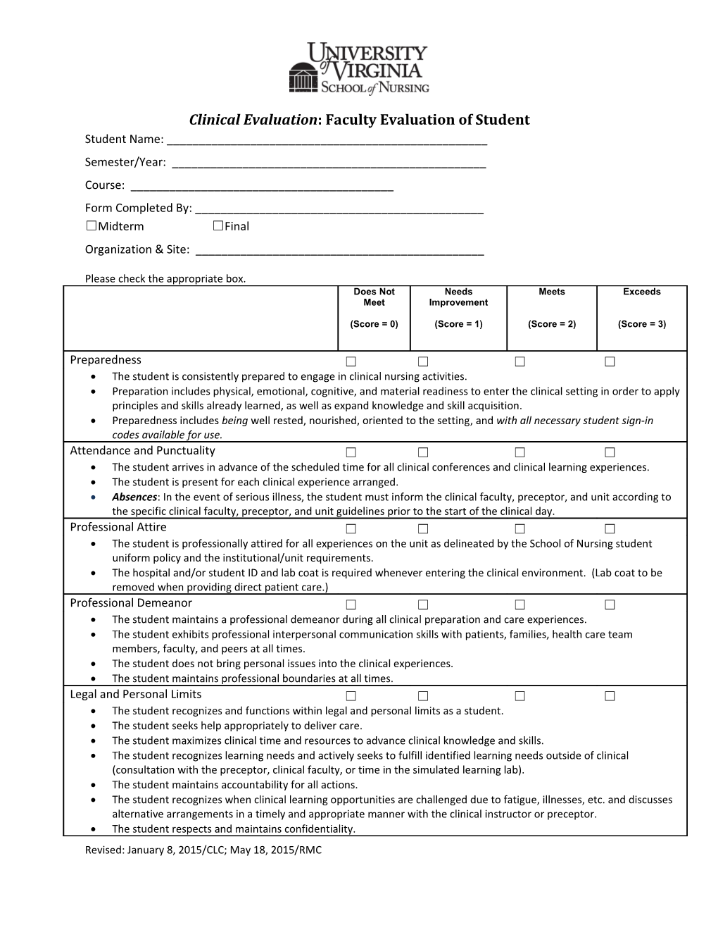 Clinical Evaluation: Faculty Evaluation of Student