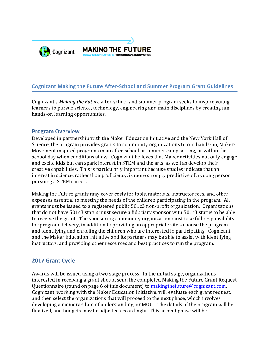 Cognizant Making the Future After-School and Summer Program Grant Guidelines