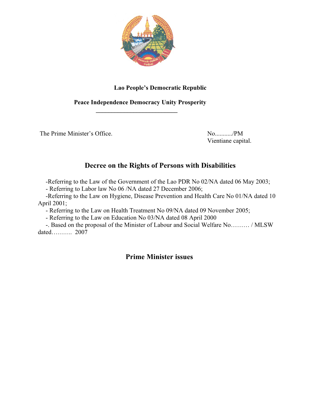 Draft Decree on the Rights of Persons with Disabilities for Lao PDR