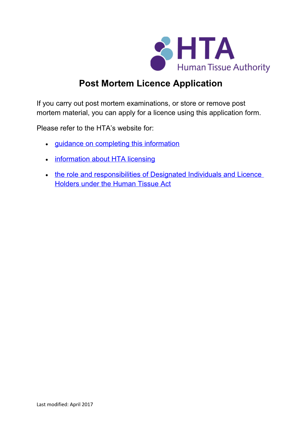 DRAFT HTA-TEM-028 Post Mortem Licence Application Form