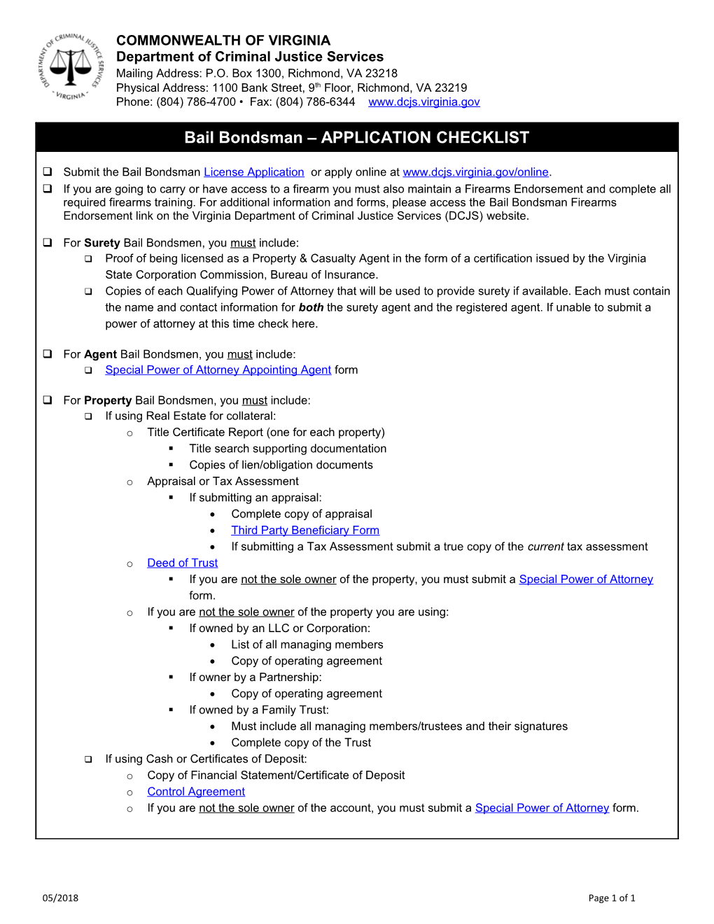 Bail Bondsman APPLICATION CHECKLIST