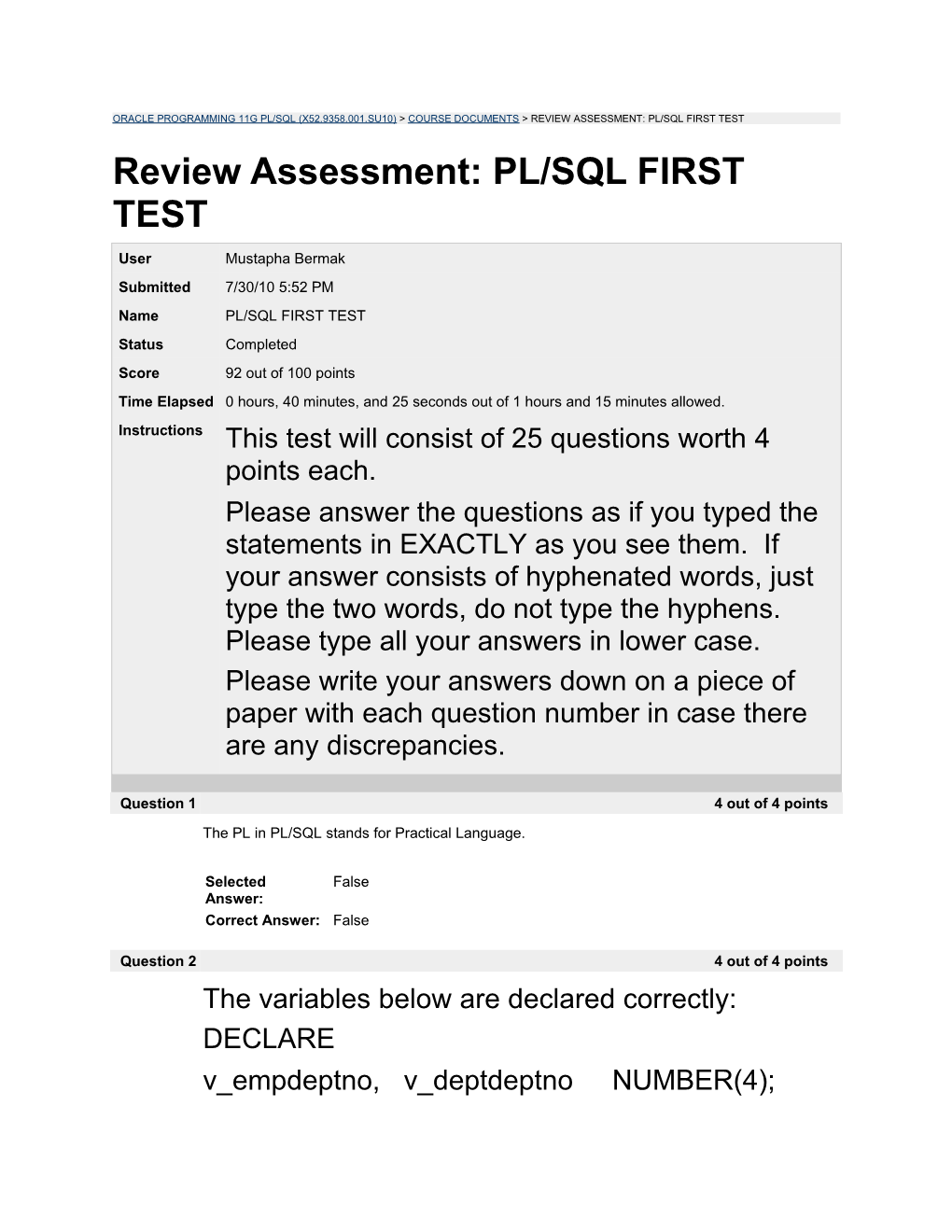Review Assessment: PL/SQL FIRST TEST