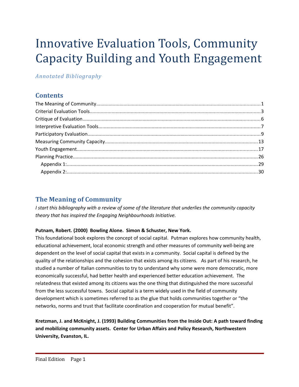 Innovative Evaluation Tools, Community Capacity Building and Youth Engagement