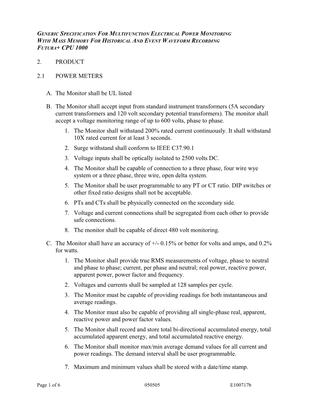 Generic Spec for Multifunction Electrical Power Monitoring with Mass Memory for Historical