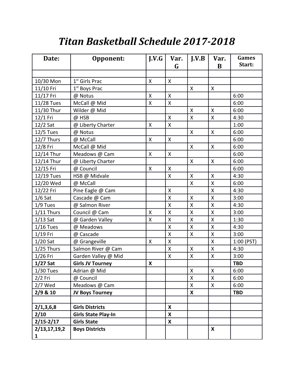 Titan Basketball Schedule 2017-2018