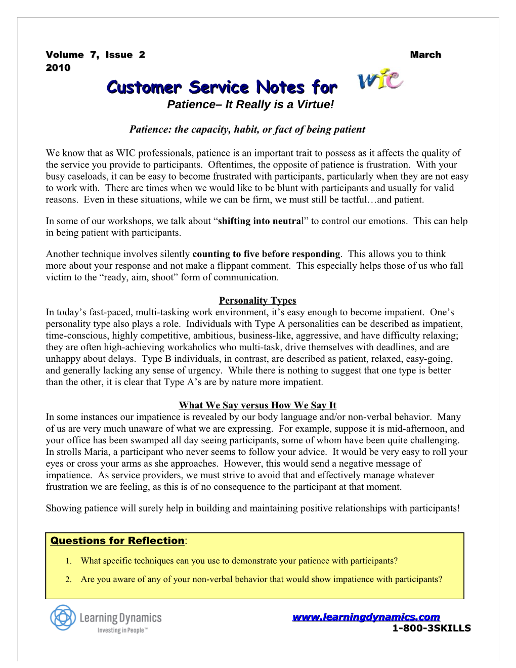 Customer Service Notes For