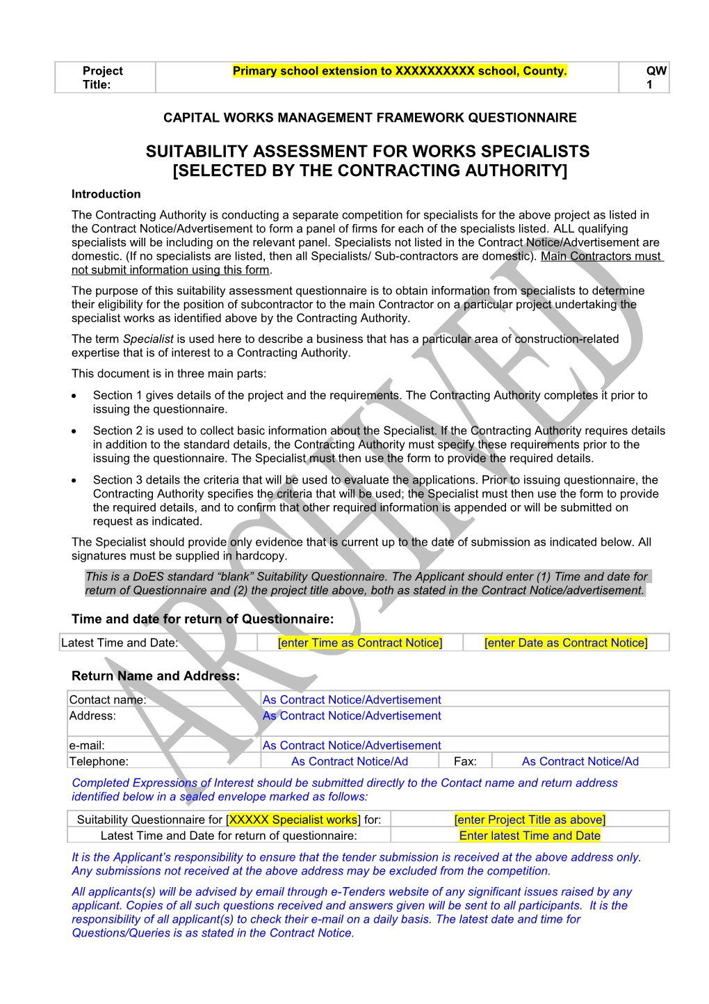 Suitability Assessment Questionnaire for Works Specialists
