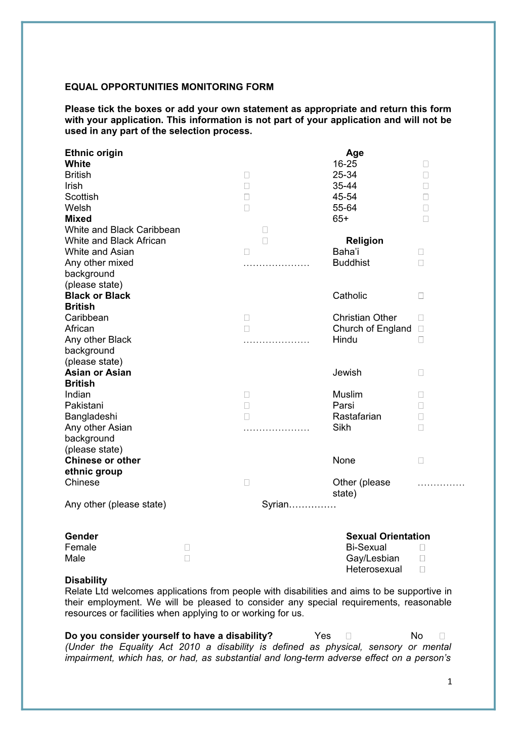 Equal Opportunities Monitoring Form s6