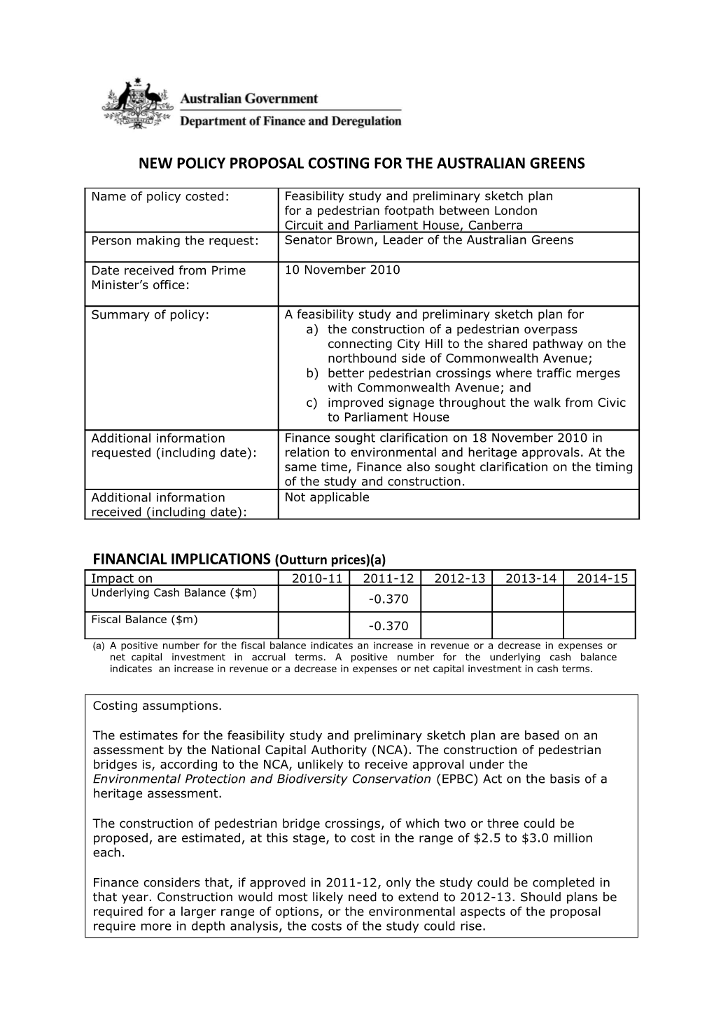 New Policy Proposal Costing for the Australian Greens