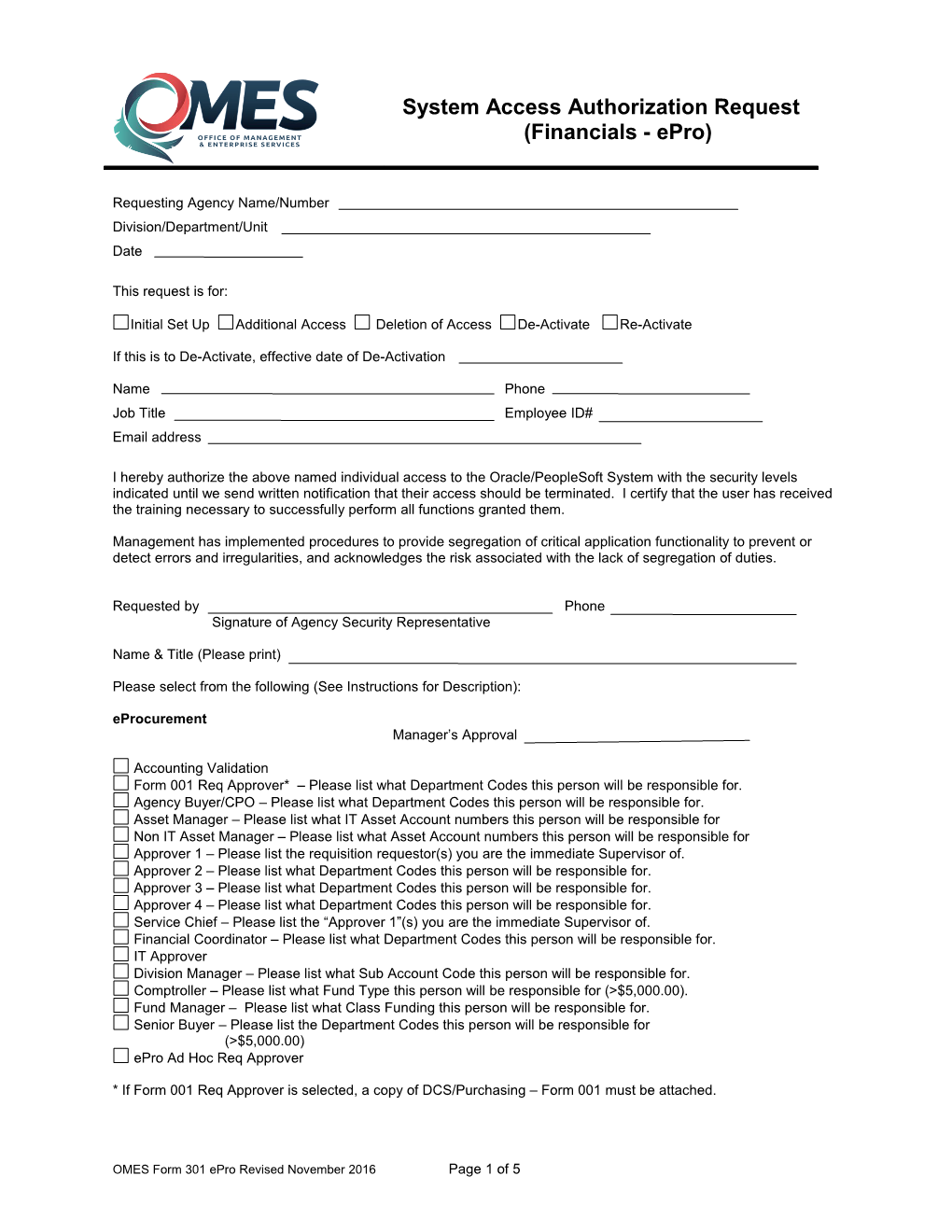 Form 301 Epro System Access Authorization Request
