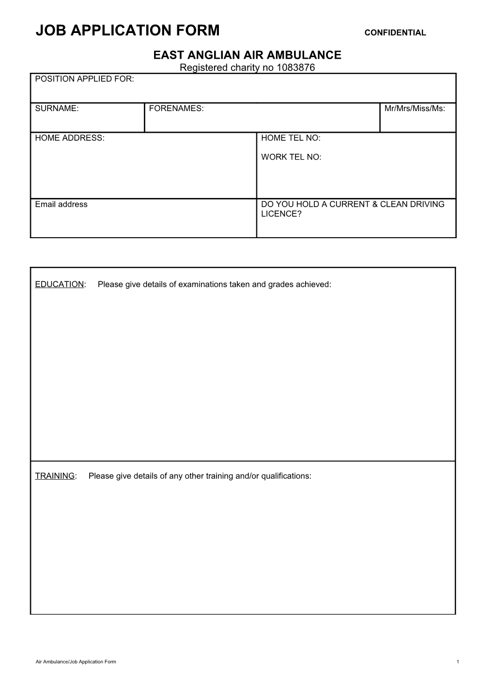 Job Application Form Confidential