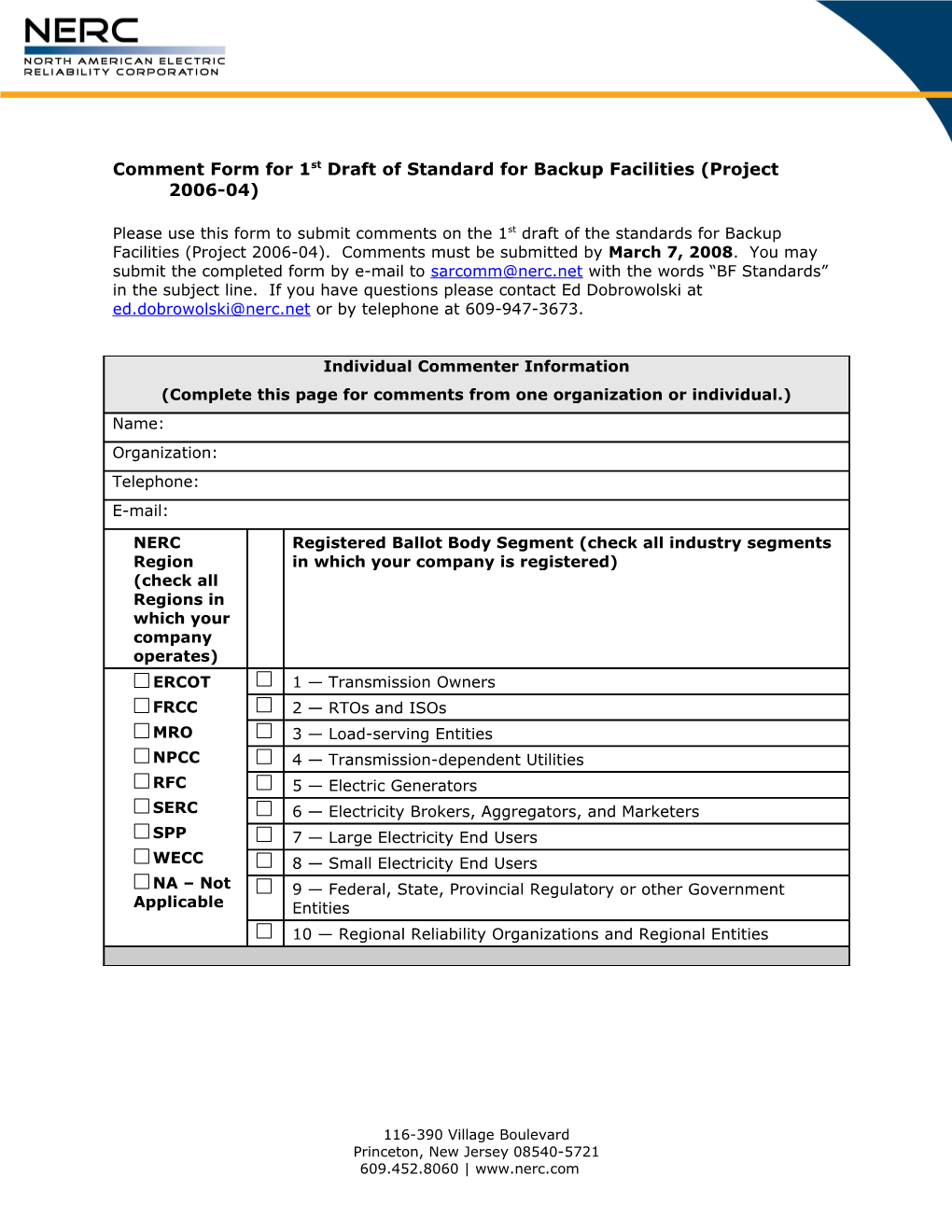 Comment Form for 1St Draft of Standard for Backup Facilities (Project 2006-04)