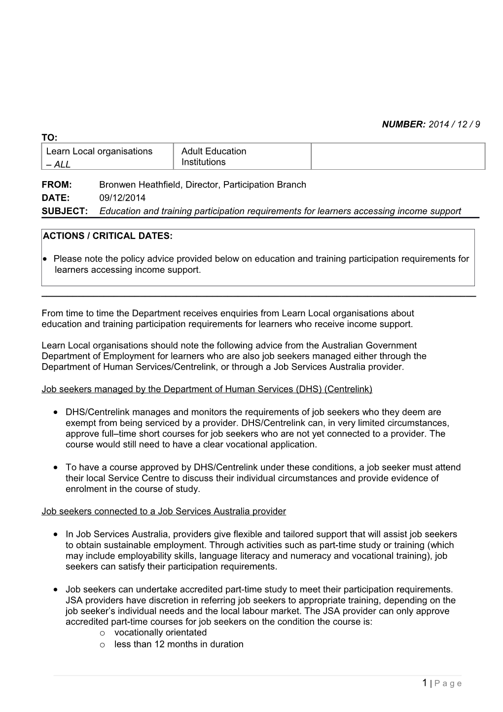 Education and Training Participation Requirements for Learners Accessing Income Support