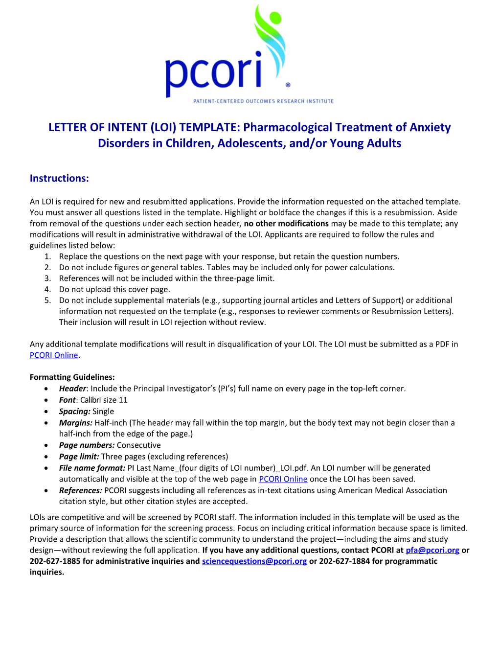 LETTER of INTENT (LOI) TEMPLATE: Pharmacological Treatment of Anxiety Disorders in Children