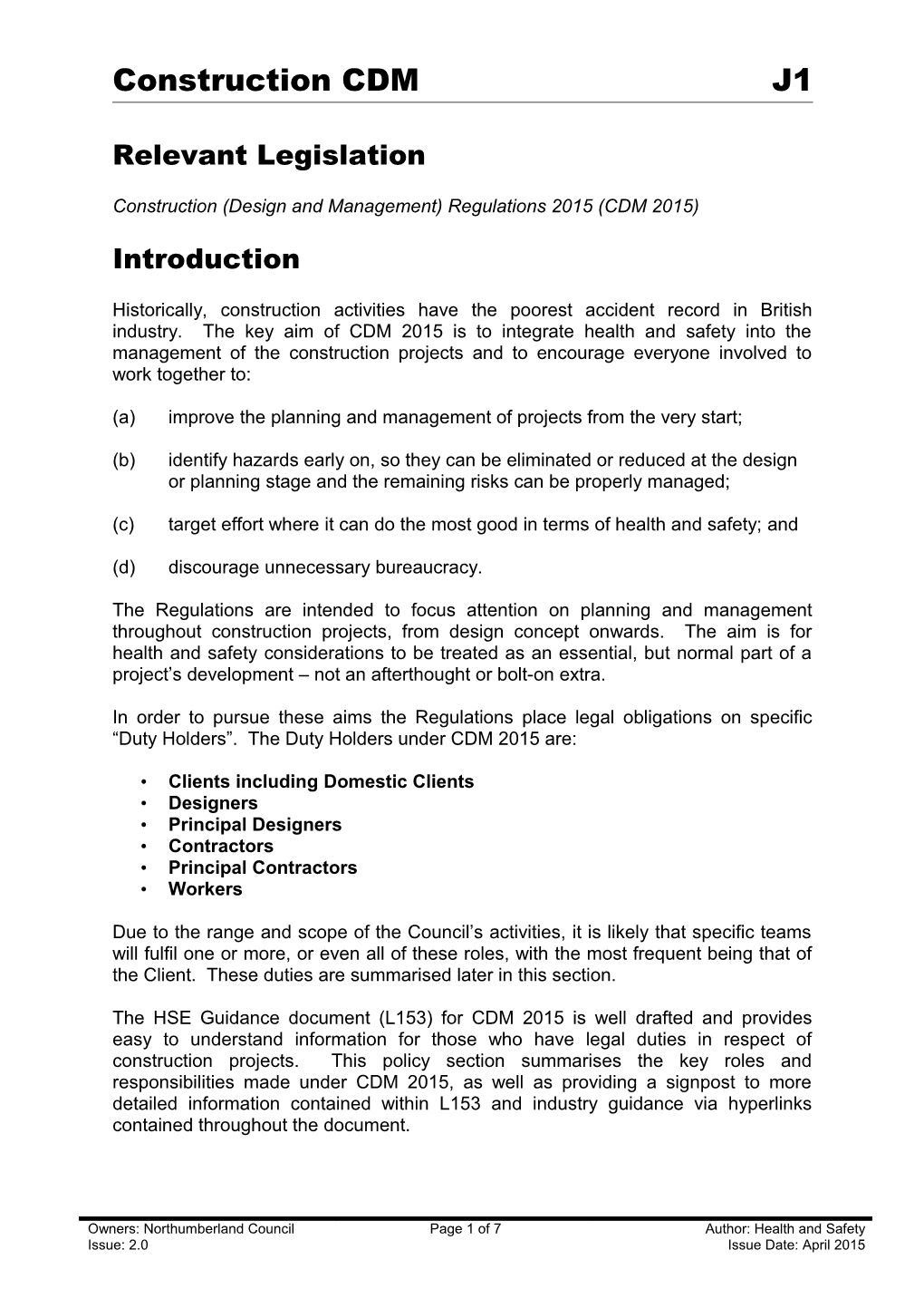 J01 - Construction, Design and Management Regulations (CDM) 2015 - April 2015