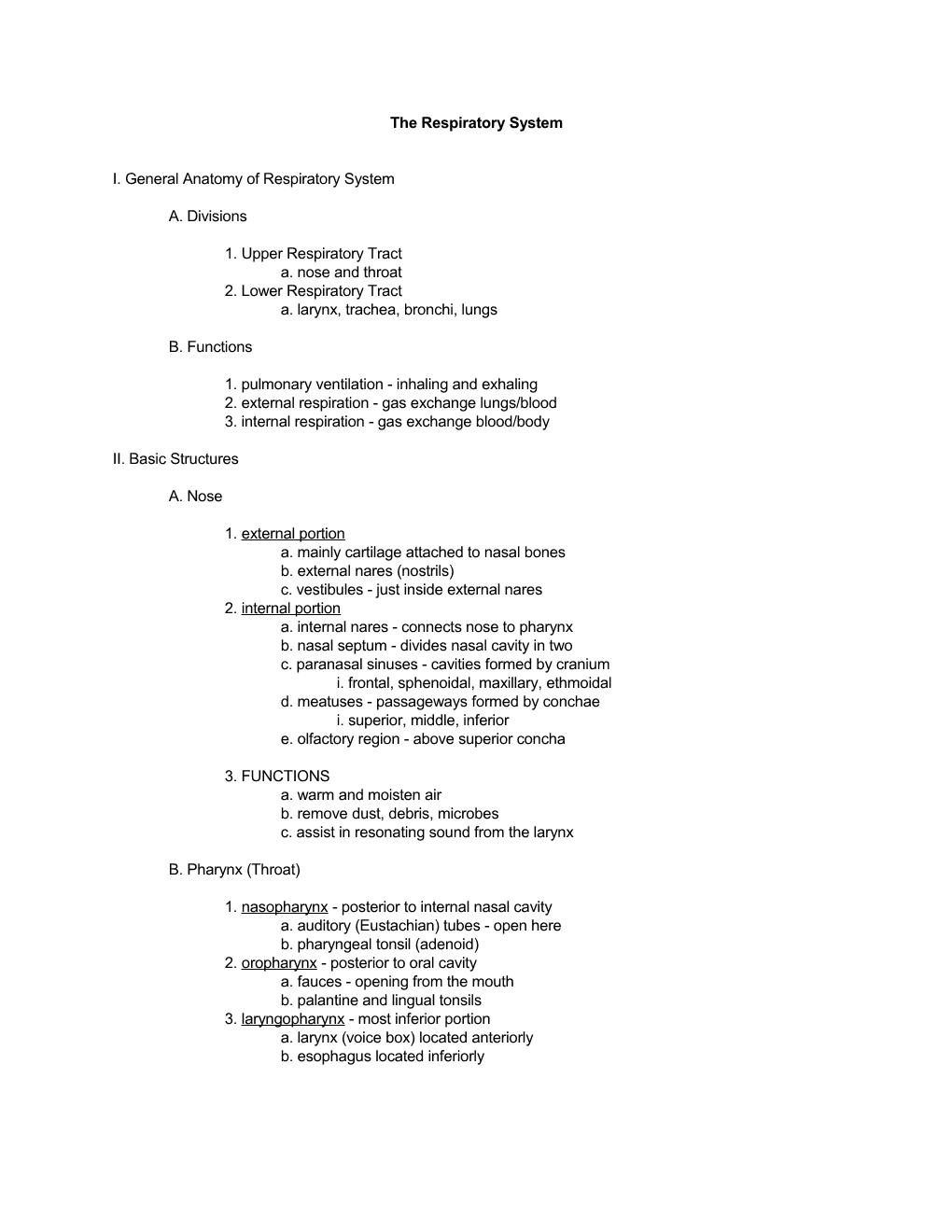 I. General Anatomy of Respiratory System