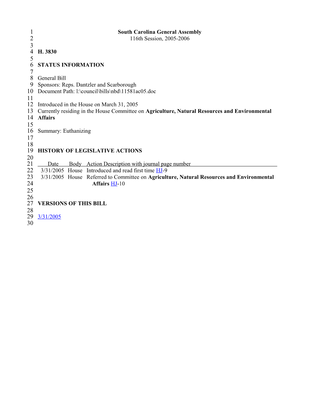 2005-2006 Bill 3830: Euthanizing - South Carolina Legislature Online