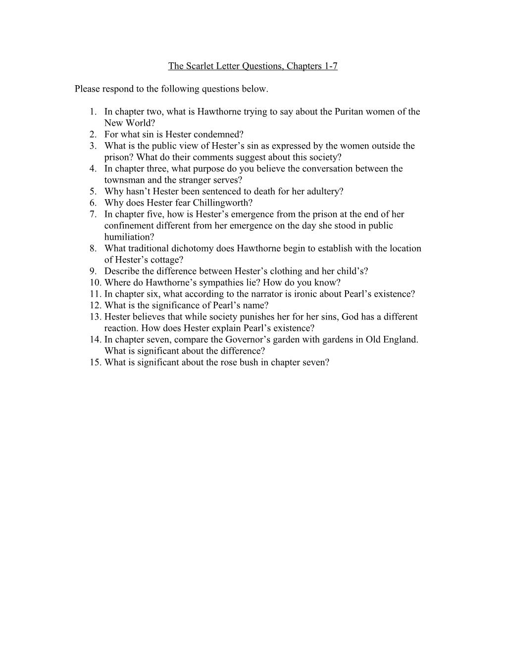 The Scarlet Letter Questions, Chapters 1-7