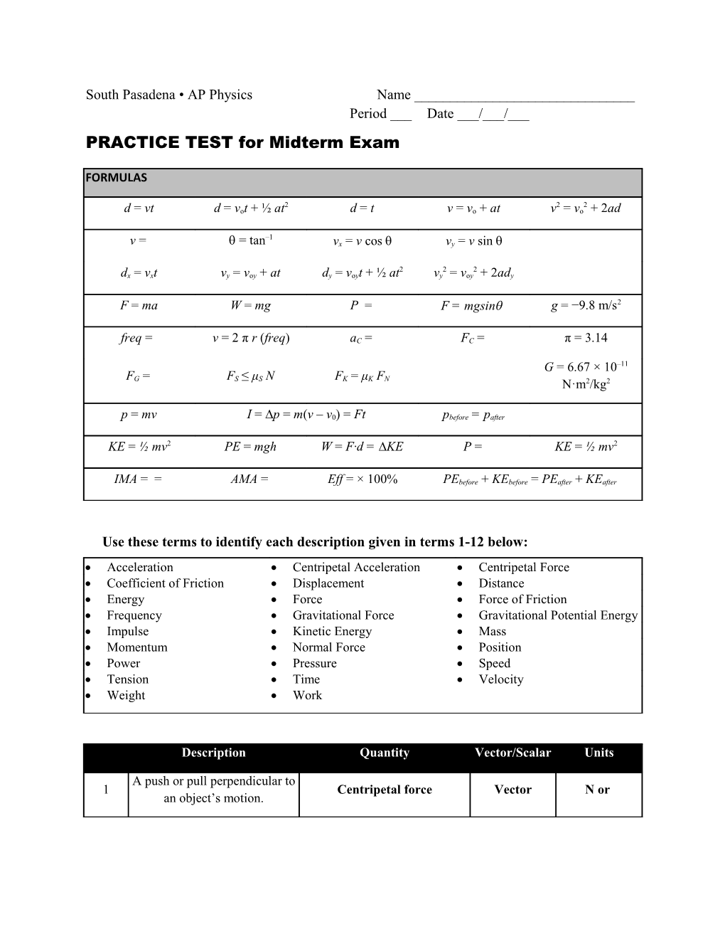 South Pasadena AP Physics Name ______