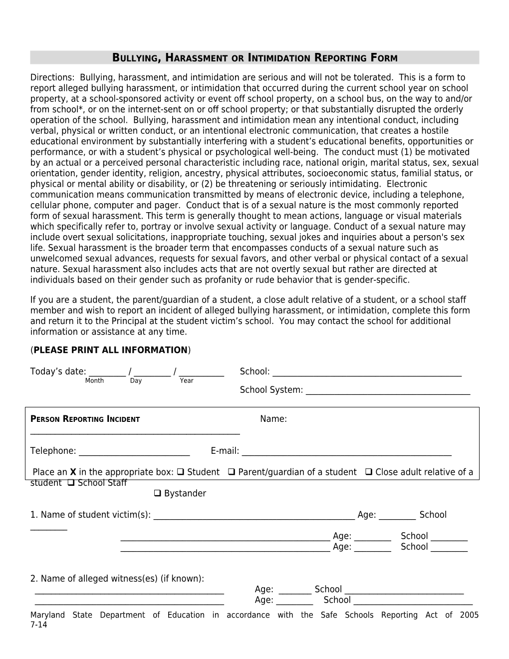 Harassment Or Intimidation Reporting Form